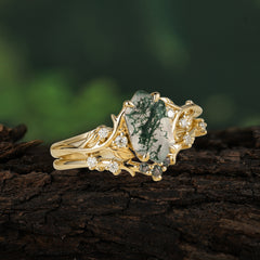 Nature-Inspired 4-Prong Hexagon-Cut Natural Moss Agate Engagement Ring Set