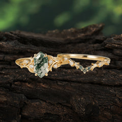 Nature-Inspired 4-Prong Hexagon-Cut Natural Moss Agate Engagement Ring Set
