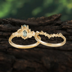 Nature-Inspired 4-Prong Hexagon-Cut Natural Moss Agate Engagement Ring Set