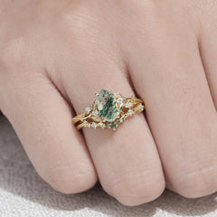 Nature-Inspired 4-Prong Hexagon-Cut Natural Moss Agate Engagement Ring Set