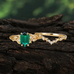 Nature-Inspired 4-Prong Hexagon-Cut Emerald Engagement Ring Set