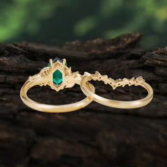 Nature-Inspired 4-Prong Hexagon-Cut Emerald Engagement Ring Set