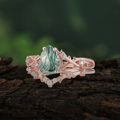 Nature-Inspired 4 Prong Pear-Cut Natural Moss Agate Ring Set