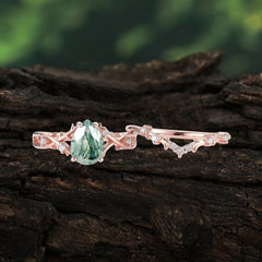 Nature-Inspired 4 Prong Pear-Cut Natural Moss Agate Ring Set