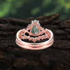 Nature-Inspired 4 Prong Pear-Cut Natural Moss Agate Ring Set