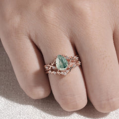 Nature-Inspired 4 Prong Pear-Cut Natural Moss Agate Ring Set