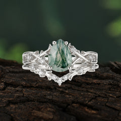 Nature-Inspired 4 Prong Pear-Cut Natural Moss Agate Ring Set