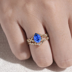Nature-Inspired 4 Prong Pear-Cut Sapphire Ring Set