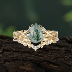 Nature-Inspired 4 Prong Pear-Cut Natural Moss Agate Ring Set