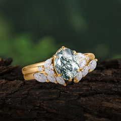 Luxury 6-Prong Oval-Cut Natural Moss Agate Engagement Ring Set