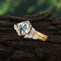 Luxury 6-Prong Oval-Cut Natural Moss Agate Engagement Ring Set