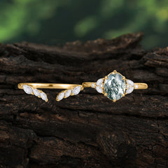 Luxury 6-Prong Oval-Cut Natural Moss Agate Engagement Ring Set
