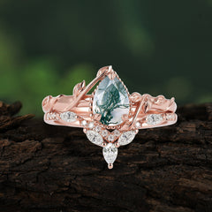 Nature-Inspired 3-Prong Oval-Cut Natural Moss Agate Engagement Ring Set with Vine Accents