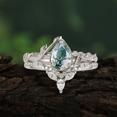 Nature-Inspired 3-Prong Oval-Cut Natural Moss Agate Engagement Ring Set with Vine Accents