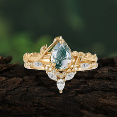 Nature-Inspired 3-Prong Oval-Cut Natural Moss Agate Engagement Ring Set with Vine Accents