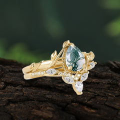 Nature-Inspired 3-Prong Oval-Cut Natural Moss Agate Engagement Ring Set with Vine Accents