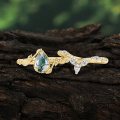 Nature-Inspired 3-Prong Oval-Cut Natural Moss Agate Engagement Ring Set with Vine Accents