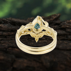Nature-Inspired 3-Prong Oval-Cut Natural Moss Agate Engagement Ring Set with Vine Accents