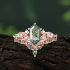 The Graceful Hexagon - Cut 6 Prong Natural Moss Agate Engagement Ring