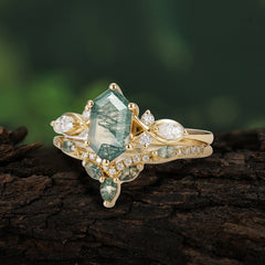 The Graceful Hexagon - Cut 6 Prong Natural Moss Agate Engagement Ring