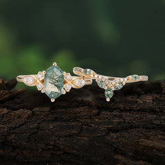The Graceful Hexagon - Cut 6 Prong Natural Moss Agate Engagement Ring