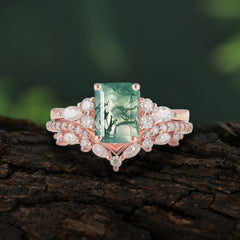 Luxury Vintage 4-Prong Emerald-Cut Natural Moss Agate Ring Set