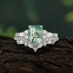 Luxury Vintage 4-Prong Emerald-Cut Natural Moss Agate Ring Set