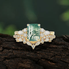 Luxury Vintage 4-Prong Emerald-Cut Natural Moss Agate Ring Set