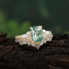 Luxury Vintage 4-Prong Emerald-Cut Natural Moss Agate Ring Set