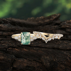 Luxury Vintage 4-Prong Emerald-Cut Natural Moss Agate Ring Set