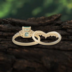 Luxury Vintage 4-Prong Emerald-Cut Natural Moss Agate Ring Set