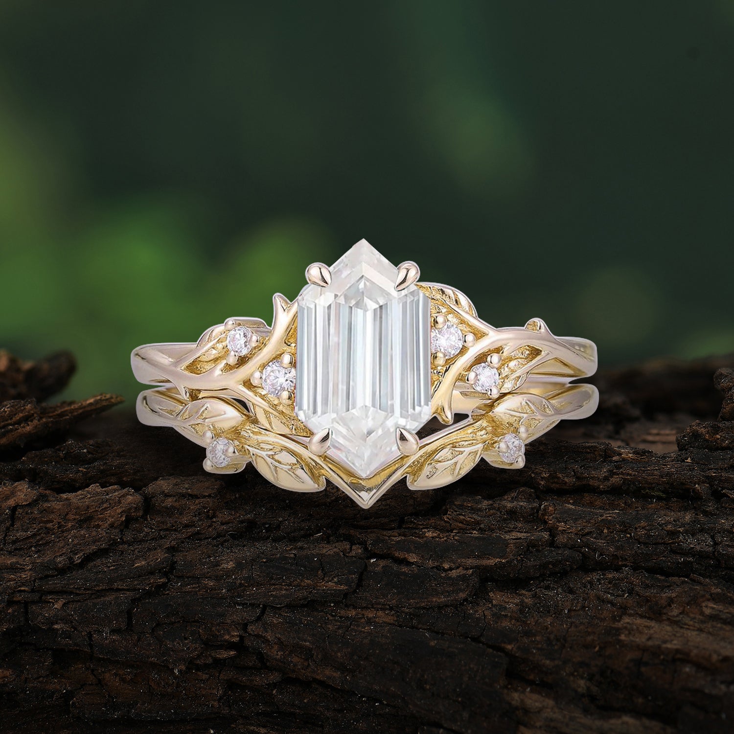 Nature-Inspired Vintage 4-Prong Hexagonal-Cut Moissanite Engagement Ring Set