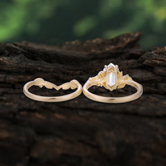 Nature-Inspired Vintage 4-Prong Hexagonal-Cut Moissanite Engagement Ring Set