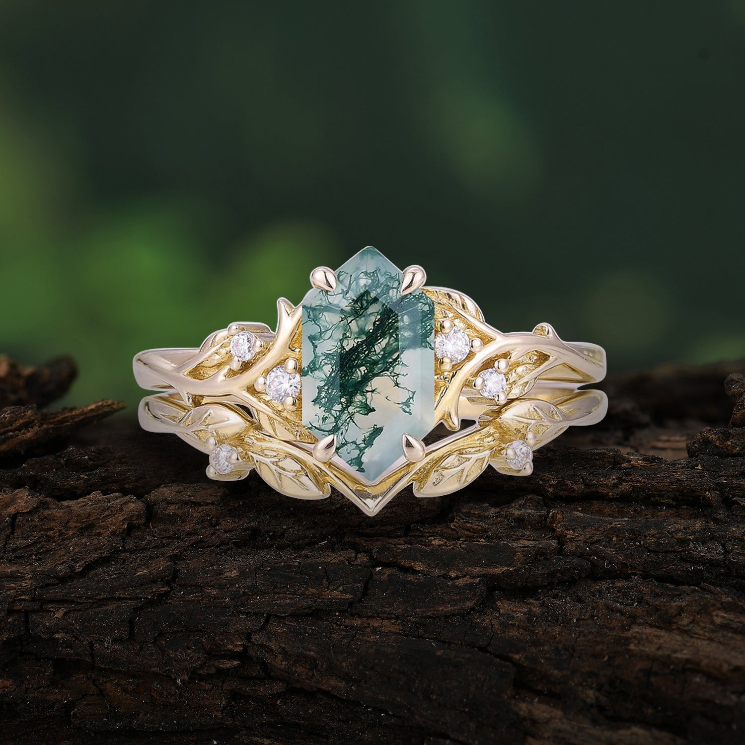 Nature-Inspired Vintage 4-Prong Hexagonal-Cut Natural Moss Agate Engagement Ring Set