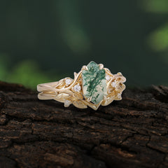 Nature-Inspired Vintage 4-Prong Hexagonal-Cut Natural Moss Agate Engagement Ring Set