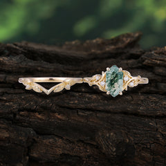 Nature-Inspired Vintage 4-Prong Hexagonal-Cut Natural Moss Agate Engagement Ring Set