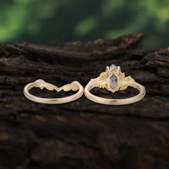 Nature-Inspired Vintage 4-Prong Hexagonal-Cut Natural Moss Agate Engagement Ring Set