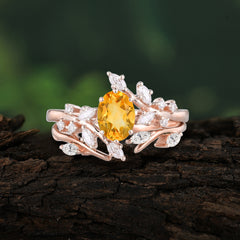 Romantic Nature-inspired 4-Prong Oval Cut Citrine Stacking Ring