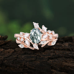 Romantic Nature-inspired 4-Prong Oval Cut Natural Moss Agate Stacking Ring