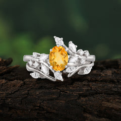 Romantic Nature-inspired 4-Prong Oval Cut Citrine Stacking Ring