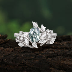 Romantic Nature-inspired 4-Prong Oval Cut Natural Moss Agate Stacking Ring