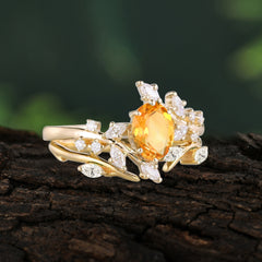 Romantic Nature-inspired 4-Prong Oval Cut Citrine Stacking Ring