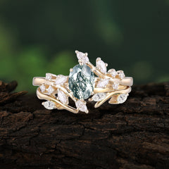 Romantic Nature-inspired 4-Prong Oval Cut Natural Moss Agate Stacking Ring