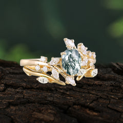 Romantic Nature-inspired 4-Prong Oval Cut Natural Moss Agate Stacking Ring