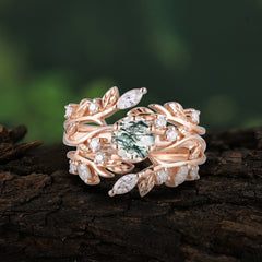 Romantic Nature-inspired 5-Prong Round Cut Natural Moss Agate Stacking Ring
