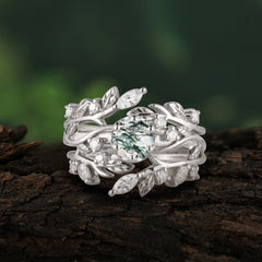 Romantic Nature-inspired 5-Prong Round Cut Natural Moss Agate Stacking Ring