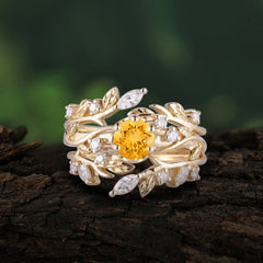 Romantic Nature-inspired 5-Prong Round Cut Citrine Stacking Ring