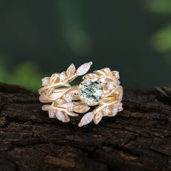 Romantic Nature-inspired 5-Prong Round Cut Natural Moss Agate Stacking Ring