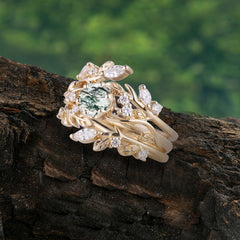 Romantic Nature-inspired 5-Prong Round Cut Natural Moss Agate Stacking Ring