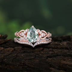 Romantic 5-Prong Pear Cut Natural Moss Agate Stacking Ring